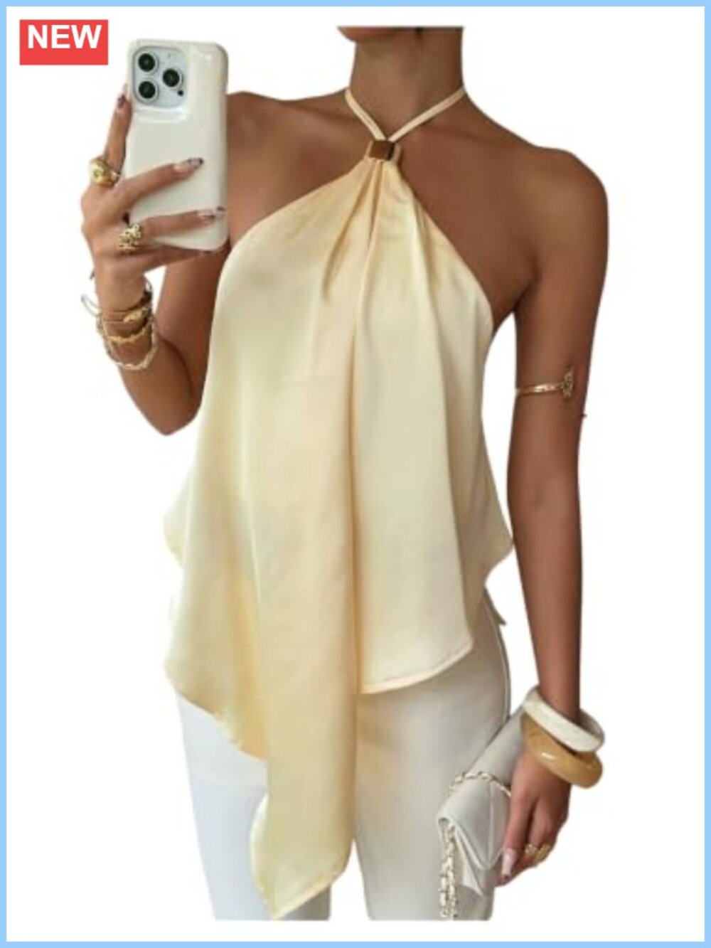 Satin Halter Top Asymmetrical Ruffle Flowy Backless Tie Back Going Out